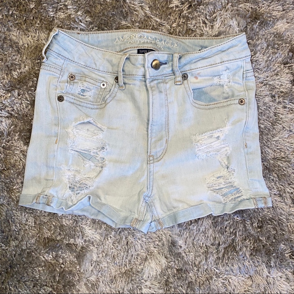 High waisted light wash jean shorts